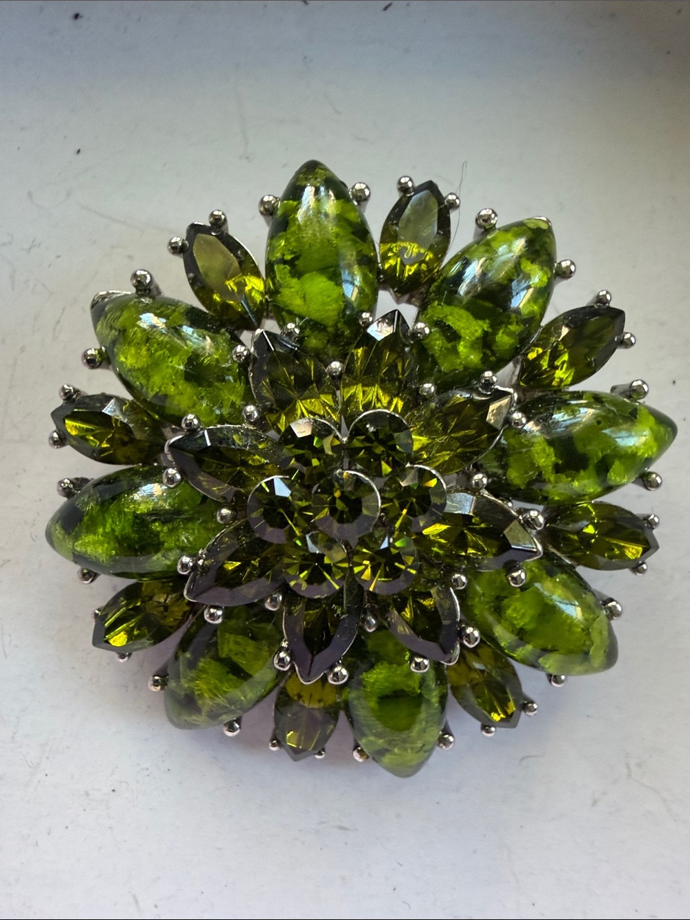 Olive Green Crystal Floral Statement Brooch and Pendant